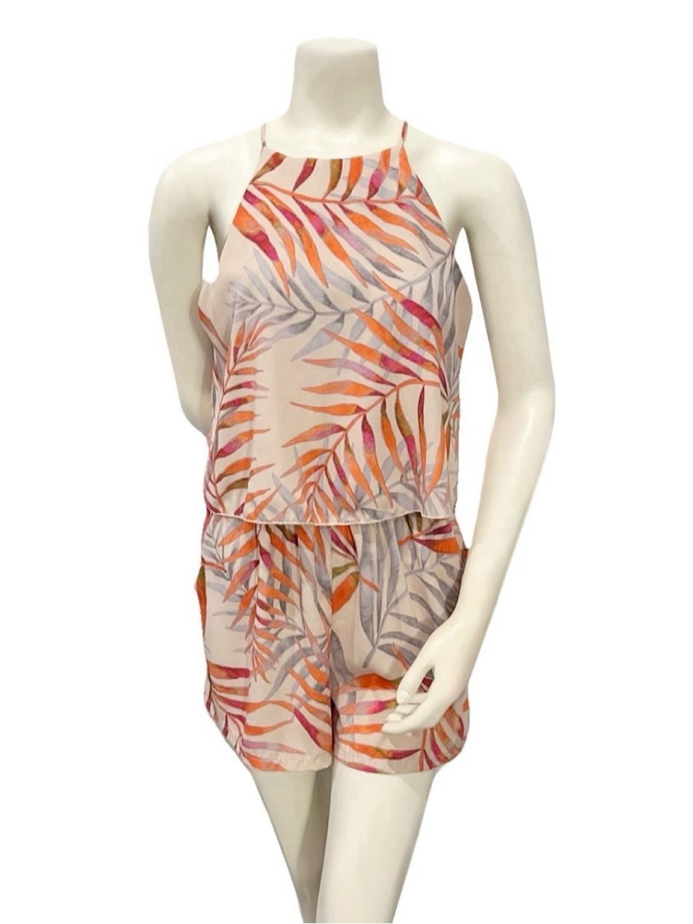 Tyche Tropical Leaf Print Halter Romper Elastic Waist Size L